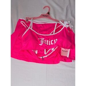 Juicy Couture 3 Piece bikini Swimsuit Set Pink Bralette Bikini Skirt Logo NEW